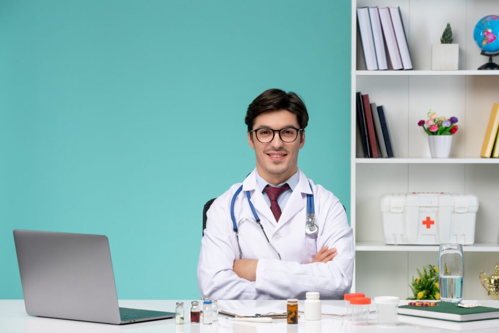 medical-smart-young-doctor-lab-coat-working-remotely-computer-crossing-hands